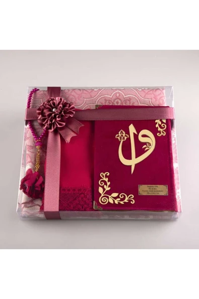 Şal Seccade Tesbih Kuran Hediye Seti (HAFIZ BOY, KADİFE, FUŞYA PEMBE) ürün görseli