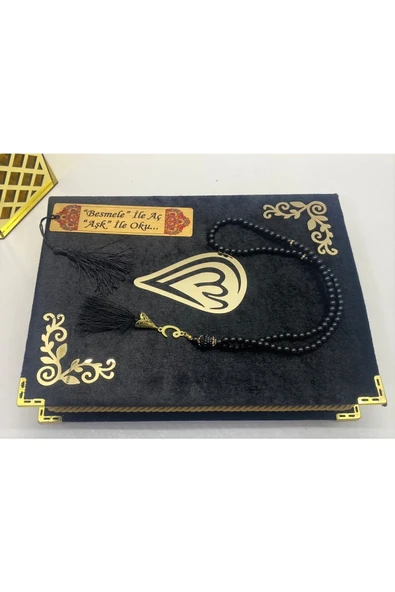 Isimli Özel Kadife Kutulu Kuranı Kerim Orta Boy Kutulu (SİYAH) (16X24) Ayraç, Inci Tesbih Seti - Resim 3