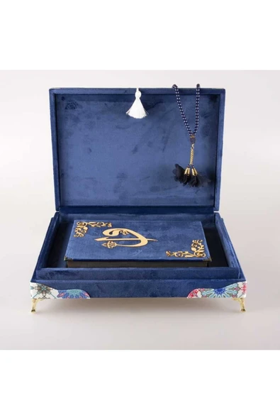 Tesbih Kuran Hediye Seti (ORTA BOY, KADİFE OVAL SANDIKLI, LACİVERT) - Resim 3