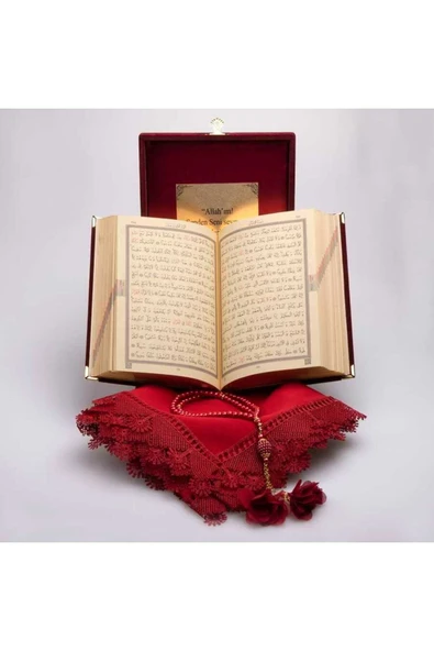 Şal Seccade Tesbih Kuran Set (ÇANTA BOY, PLAKET KUTU, BORDO) - Resim 4