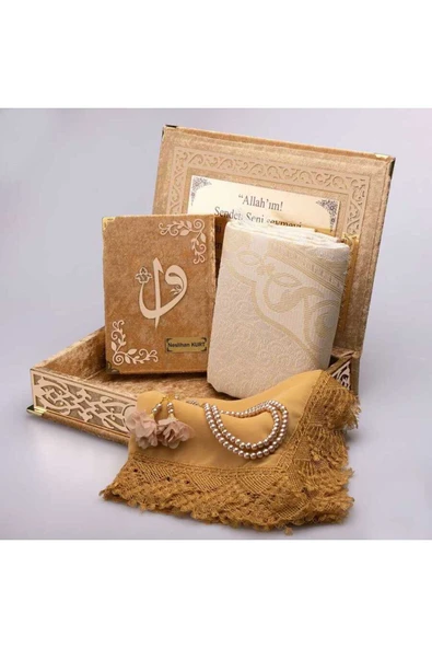 Raşel Kutulu, Şal + Seccade + Tesbih + Kuran Hediye Seti (Orta Boy, Gold, Elif-Vav) ürün görseli