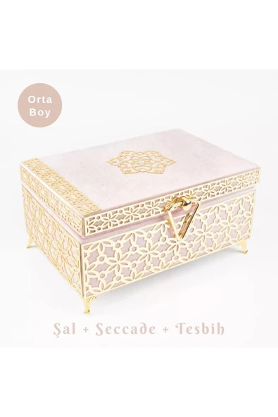 Desenli Kutu Çeyizlik, Şal + Seccade + Tesbih + Kuran Hediye Seti (Orta B. Kadife, P.Pembe, ElifVav) ürün görseli