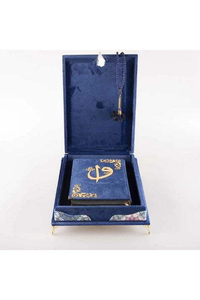 Tesbih Kuran Hediye Seti (ORTA BOY, KADİFE PLAKET SANDIKLI, LACİVERT) - Resim 3