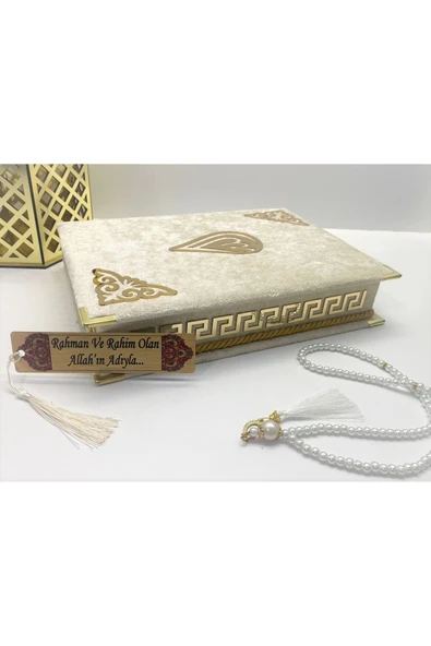 Isimli Özel Kadife Kutulu Kuranı Kerim Orta Boy Kutulu (BEYAZ)(16X24) Ayraç, Inci Tesbih Seti - Resim 2