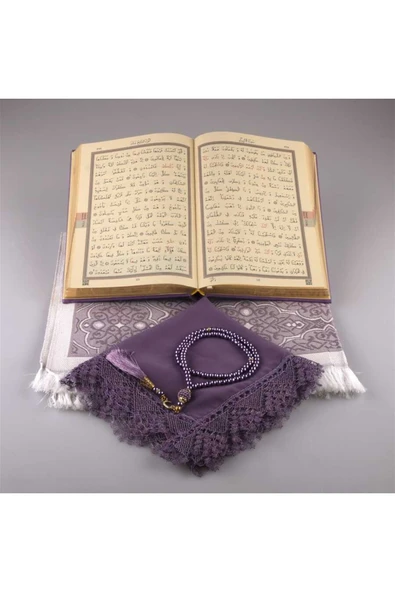 Şal + Seccade + Tesbih + Kuran Hediye Seti (orta Boy, Lila) - Resim 3