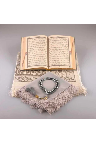 Şal + Seccade + Tesbih + Kuran Hediye Seti (Hafız Boy, Gri) - Resim 4