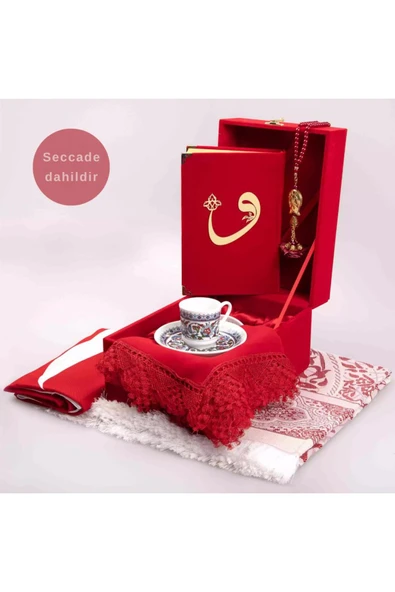 Bayrak + Fincan +  Şal + Seccade + Tesbih + Kuran Hediye Seti (Hafız Boy, Kırmızı, Vav Motifli) ürün görseli
