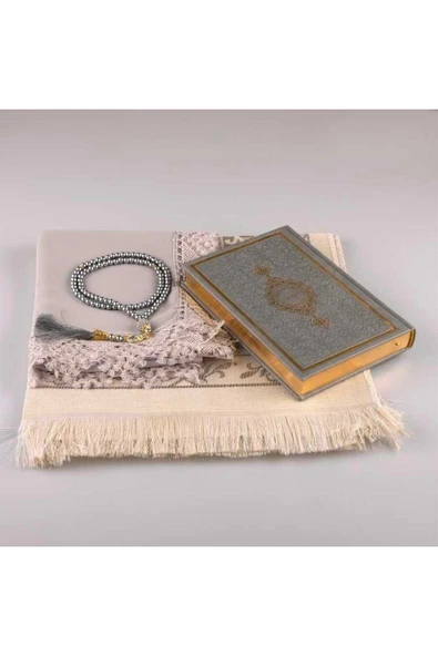 Şal + Seccade + Tesbih + Kuran Hediye Seti (Hafız Boy, Gri) - Resim 3