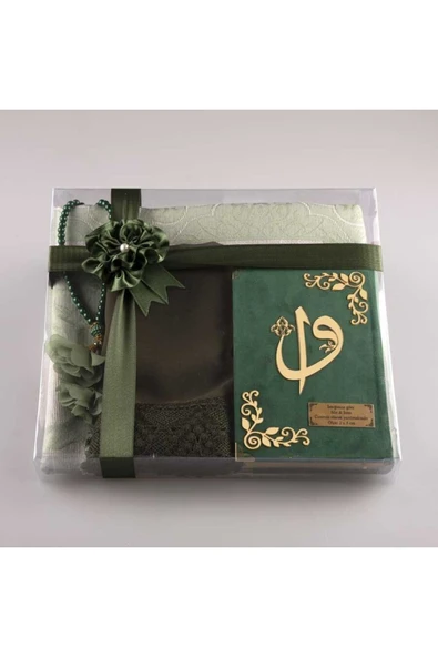 Şal + Seccade + Tesbih + Kuran Hediye Seti (çanta Boy, Kadife, Zeytin Yeşil) ürün görseli