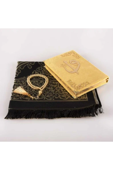 Seccade + Tesbih + Kuran Hediye Seti (orta Boy, Kadife, Gold-1) ürün görseli