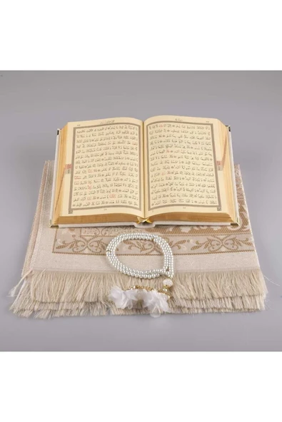 Seccade + Tesbih + Kuran Hediye Seti (hafız Boy, Kadife, Beyaz-1) - Resim 3