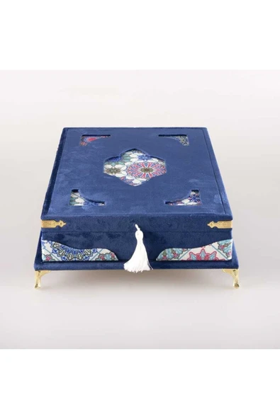 Tesbih Kuran Hediye Seti (ORTA BOY, KADİFE PLAKET SANDIKLI, LACİVERT) - Resim 2