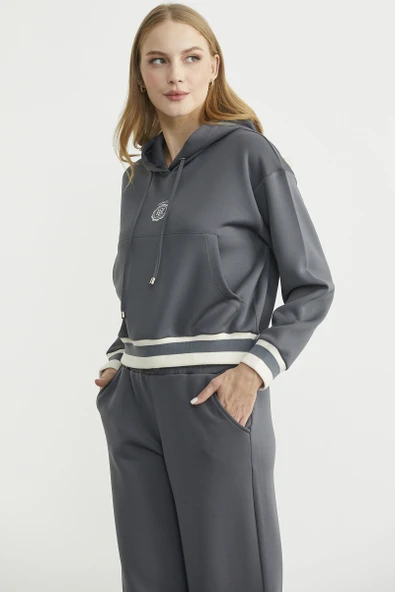 Kapüşonlu Rahat Kalıp Scuba Eşofman Takım - Antrasit - Resim 5