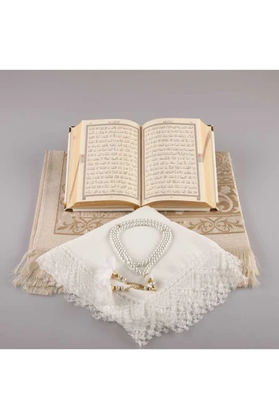 Şal + Seccade + Tesbih + Kuran Hediye Seti (çanta Boy, Kadife, Beyaz-1) - Resim 3