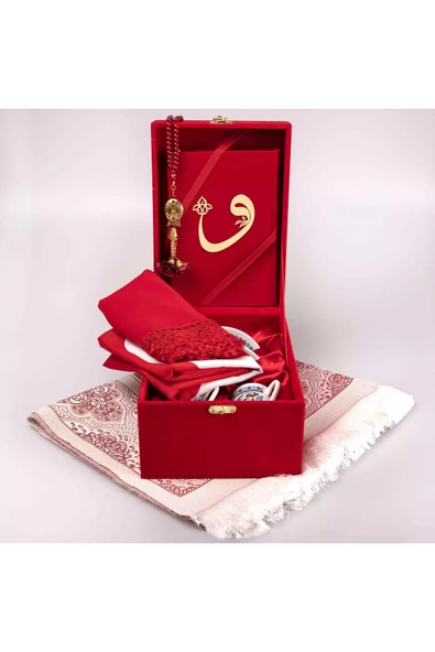 Bayrak + Fincan +  Şal + Seccade + Tesbih + Kuran Hediye Seti (Hafız Boy, Kırmızı, Vav Motifli) - Resim 5