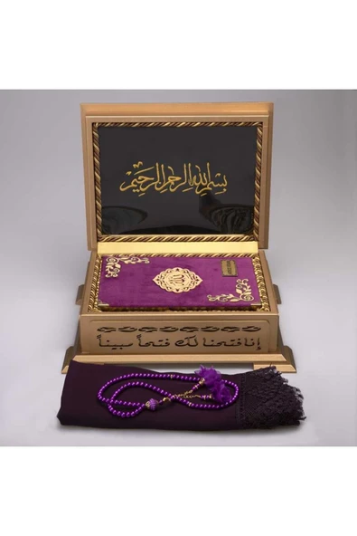 Şal + Tesbih + Kadife Kuran Hediye Seti (hafız Boy, Lafzatullah, Mor) - Resim 2