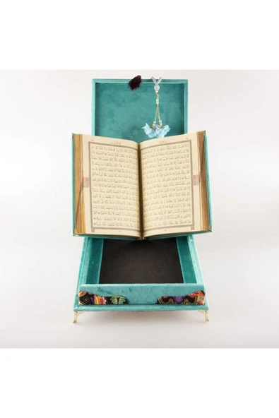 Tesbih Kuran Hediye Seti (ORTA BOY, KADİFE PLAKET SANDIKLI, TURKUAZ) - Resim 5