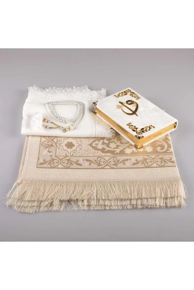 Şal + Seccade + Tesbih + Kuran Hediye Seti (çanta Boy, Kadife, Beyaz-1) - Resim 2