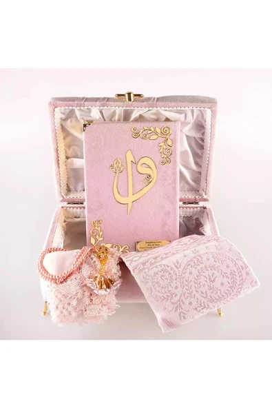 Çizgili Kutu Çeyizlik, Şal + Seccade + Tesbih + Kuran Hediye Seti (Çanta B. Kadife, P.Pembe) - Resim 2