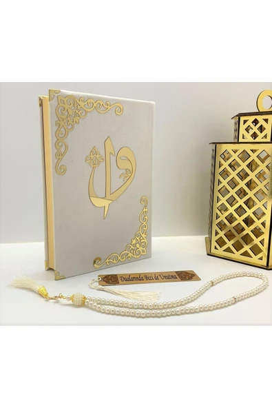 İsimli Kadife Kuranı Kerim Karşılıklı Mealli Ortaboy(16X24)(BEYAZ) Inci Tesbih, Ayraç Seti ürün görseli