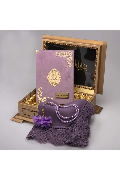 Şal + Tesbih + Kuran Hediye Seti (hafız Boy, Kadife, Lila) ürün görseli