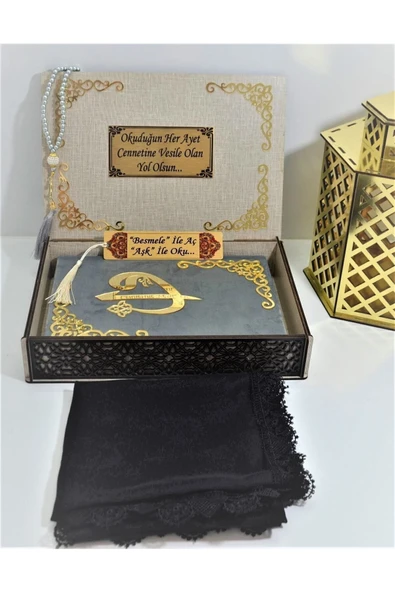İsimli Kadife Kuranı Kerim Özel Ahşap Kutulu Ortaboy (16X24)(GRİ) Örtü,tesbih, Ayraçseti - Resim 2