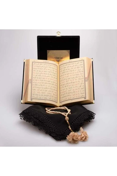 Şal Tesbih Kuran Hediye Set (HAFIZ BOY, PLAKET KUTULU, SİYAH) - Resim 4