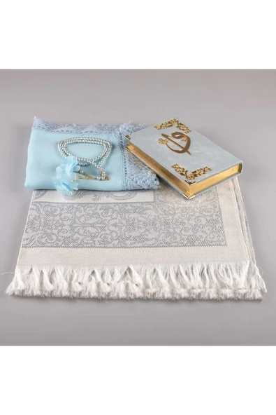 Şal + Seccade + Tesbih + Kuran Hediye Seti (çanta Boy, Kadife, Açık Mavi) - Resim 2