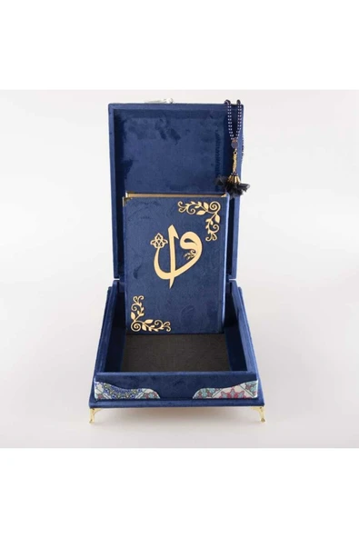 Tesbih Kuran Hediye Seti (ORTA BOY, KADİFE PLAKET SANDIKLI, LACİVERT) - Resim 4