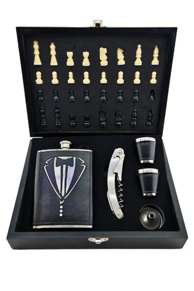 Deri Kaplamalı Çelik Matara ve Çakı Hediye Seti 2 Bardak Özel Ahşap Kutusunda Satranç Takımı