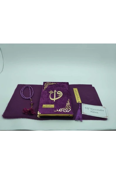 Hediye Kadife Kuranı Kerim Seti Namaz Örtüsü Tespih Ayraç Raşel Mor - Resim 2