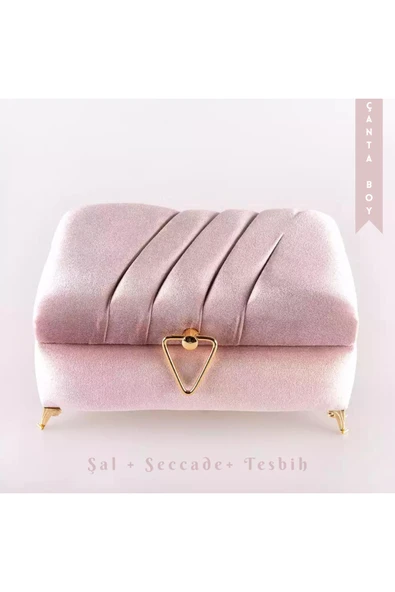 Çizgili Kutu Çeyizlik, Şal + Seccade + Tesbih + Kuran Hediye Seti (Çanta B. Kadife, P.Pembe) ürün görseli