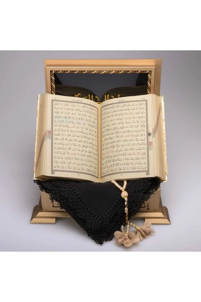 Şal + Tesbih + Kuran Hediye Seti (hafız Boy, Ahşap Kutulu, Gold) - Resim 3