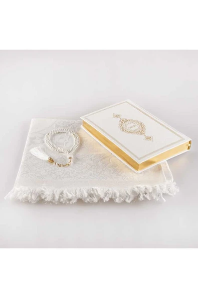 Şal + Seccade + Tesbih + Kuran Hediye Seti (orta Boy, Beyaz) - Resim 2
