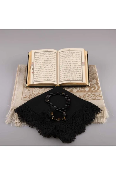 Şal Seccade Tesbih Kuran Hediye Set (ÇANTA B, KDF, SİYAH-1) - Resim 3