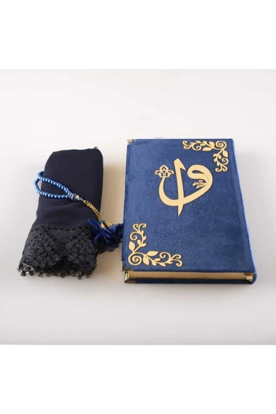 Şal + Tesbih + Kuran Hediye Seti (çanta Boy, Kadife, Lacivert) - Resim 2
