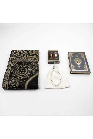 Takke + Esans + Tesbih + Seccade + Kuran Hediye Seti (Çanta Boy, Siyah) - Resim 3