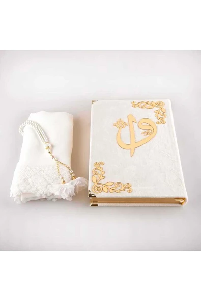 Şal + Tesbih + Kuran Hediye Seti (çanta Boy, Kadife, Beyaz) - Resim 2