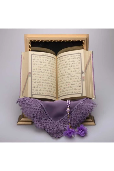 Şal Tesbih Kuran Hediye Seti (HAFIZ BOY, AHŞAP KUTULU, KADİFE, LİLA) - Resim 3