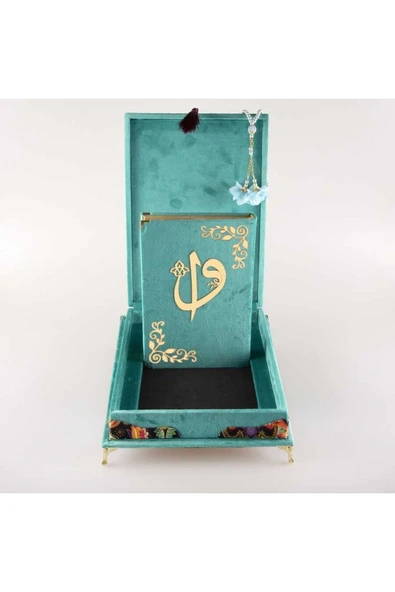 Tesbih Kuran Hediye Seti (ORTA BOY, KADİFE PLAKET SANDIKLI, TURKUAZ) - Resim 4