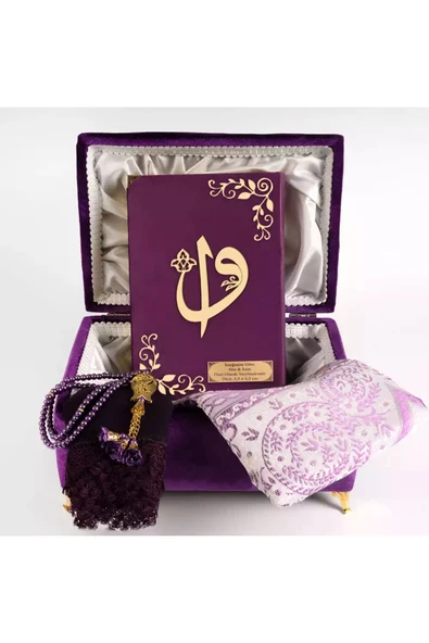 Çizgili Kutu Çeyizlik, Şal + Seccade + Tesbih + Kuran Hediye Seti (Orta B. Kadife, Mor, Elif-Vav) - Resim 2