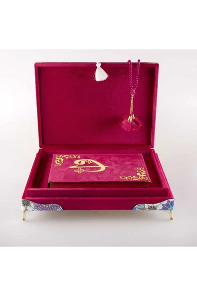 Tesbih Kuran Hediye Seti (ORTA BOY, KADİFE OVAL SANDIKLI, FUŞYA PEMBE) - Resim 3