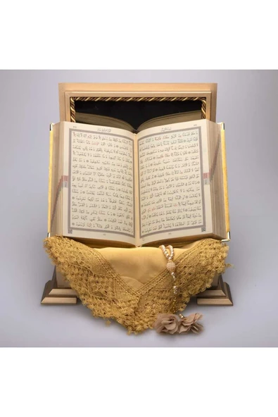 Şal Tesbih Kuran Hediye Seti (HAFIZ BOY, AHŞAP KUTULU, KADİFE, GOLD) - Resim 3