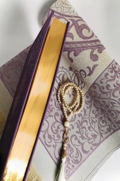 Orta Boy( 16x24 Cm)termo Deri Kuran-ı Kerim Mor,seccade,inci Tesbih Set - Resim 3