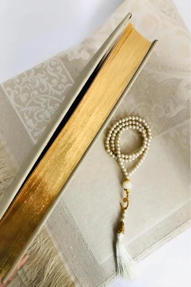 Hediye Kuran Seti - Termo Deri Kuranı Kerim + Seccade + Tespih (17x12) - Beyaz - Resim 4