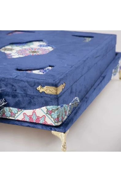 Tesbih Kuran Hediye Seti (ORTA BOY, KADİFE PLAKET SANDIKLI, LACİVERT) - Resim 6