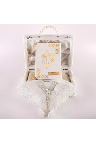 Boncuklu Kutu Çeyizlik, Şal + Seccade + Tesbih + Kuran Hediye Seti (Orta B. Kadife, Beyaz) - Resim 2