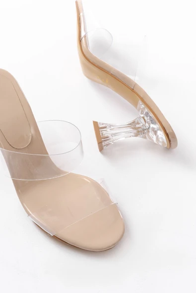 S-618 Bej Rugan Tek Bantlı Topuklu Kadın Terlik - Resim 9