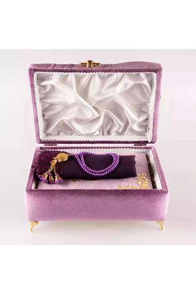 Çizgili Kutu Çeyizlik, Şal + Seccade + Tesbih + Kuran Hediye Seti (Çanta B. Kadife, Lila, Elif-Vav) - Resim 3