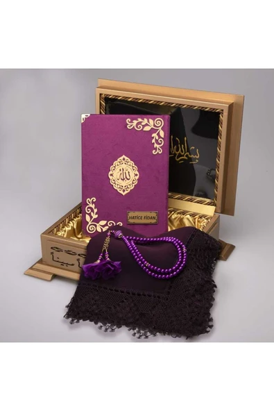 Şal + Tesbih + Kadife Kuran Hediye Seti (hafız Boy, Lafzatullah, Mor) ürün görseli